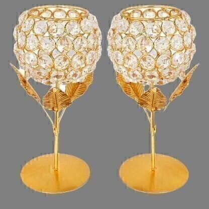 Crystal Flower Double Gold Floral Gold Plated Brass 2 - Cup Tealight Holder Set Iron 2 - Cup Tealight Holder Set Gold Plated Crystal Candle Holder Tea Light Stand Votive- Decorative Tealight Holders for Home Office Living Room Indoor Garden Dining Centerpiece Decoration Brass Candle Holder _pk2 Iron Tealight Holder Set-image-29