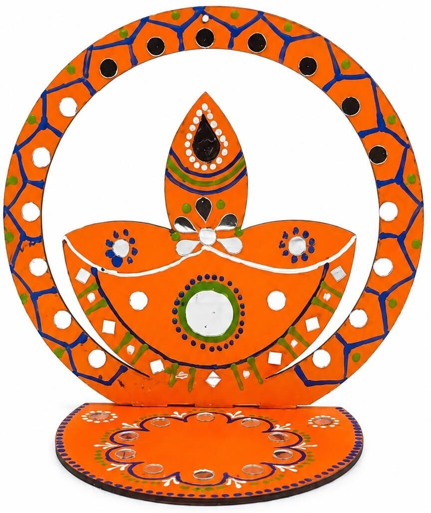 Handmade Wooden Diya Stand with Mirror Work for Diwali Pooja Home Decor Wooden 1 - Cup Candle Holder-image-3