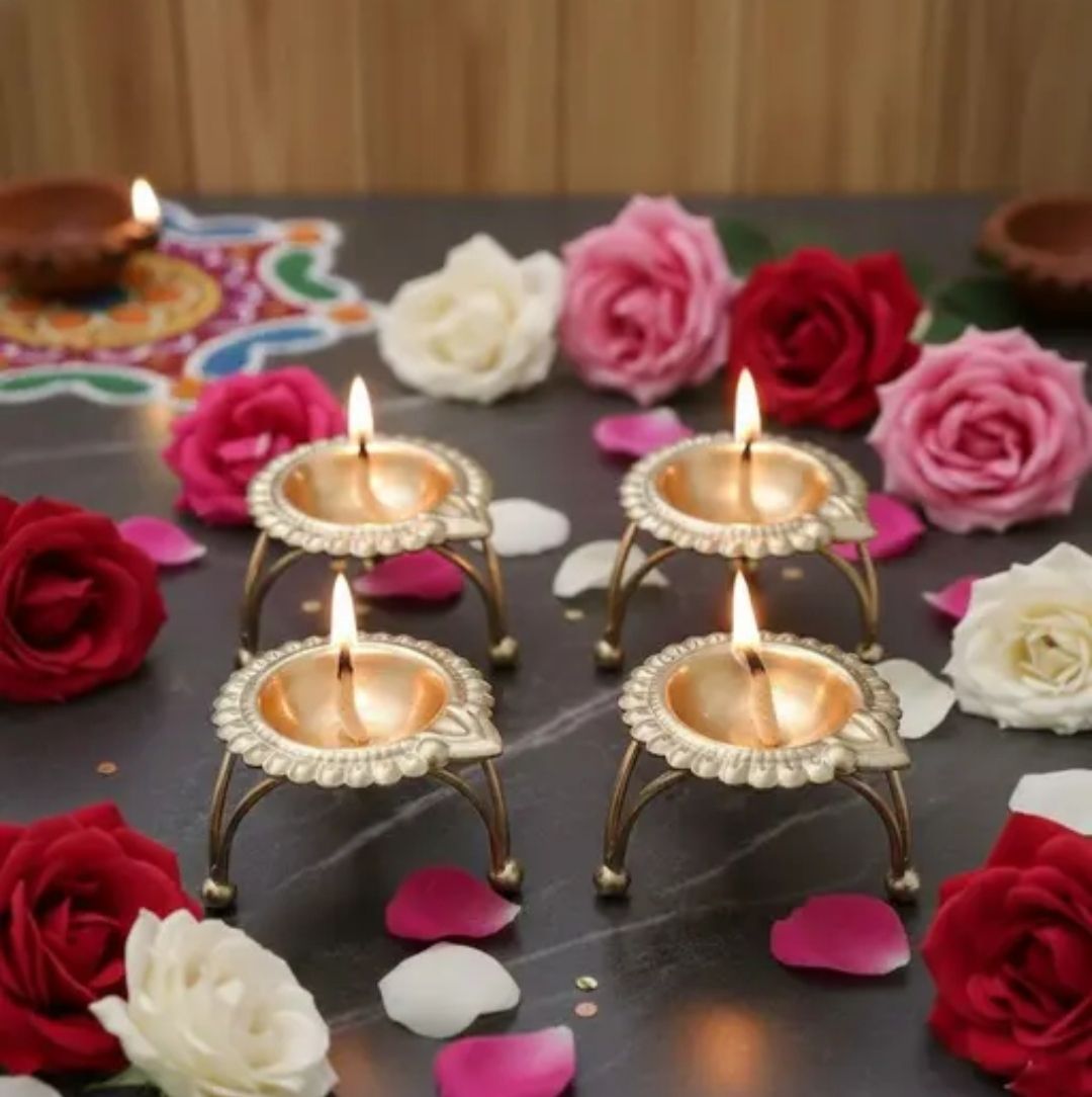 caprigo Pack of 4 Gold-Plated Metal T-Light Candle Holders (Diya Stands) Iron Tealight Holder Set-picture-37