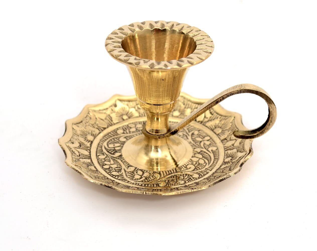 Hand Crafted Metal Brass Candle Stand with Handle Size-3 inches Brass 1 - Cup Candle Holder-image-2