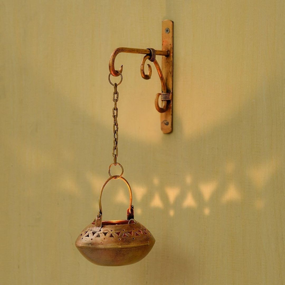 Metal Hanging Dhoop Dani with Wall Bracket & Bells Iron 1 - Cup Candle Holder-image-49