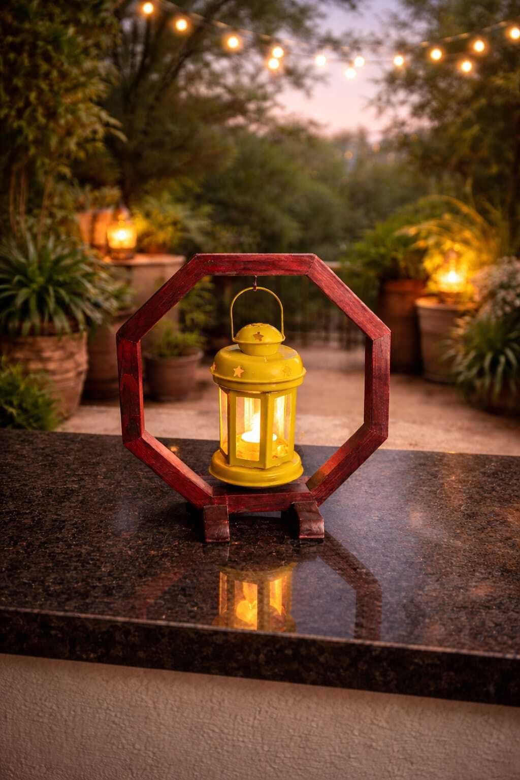 Blue, Orange, White, Yellow Wooden, Steel Table Lantern-image-4