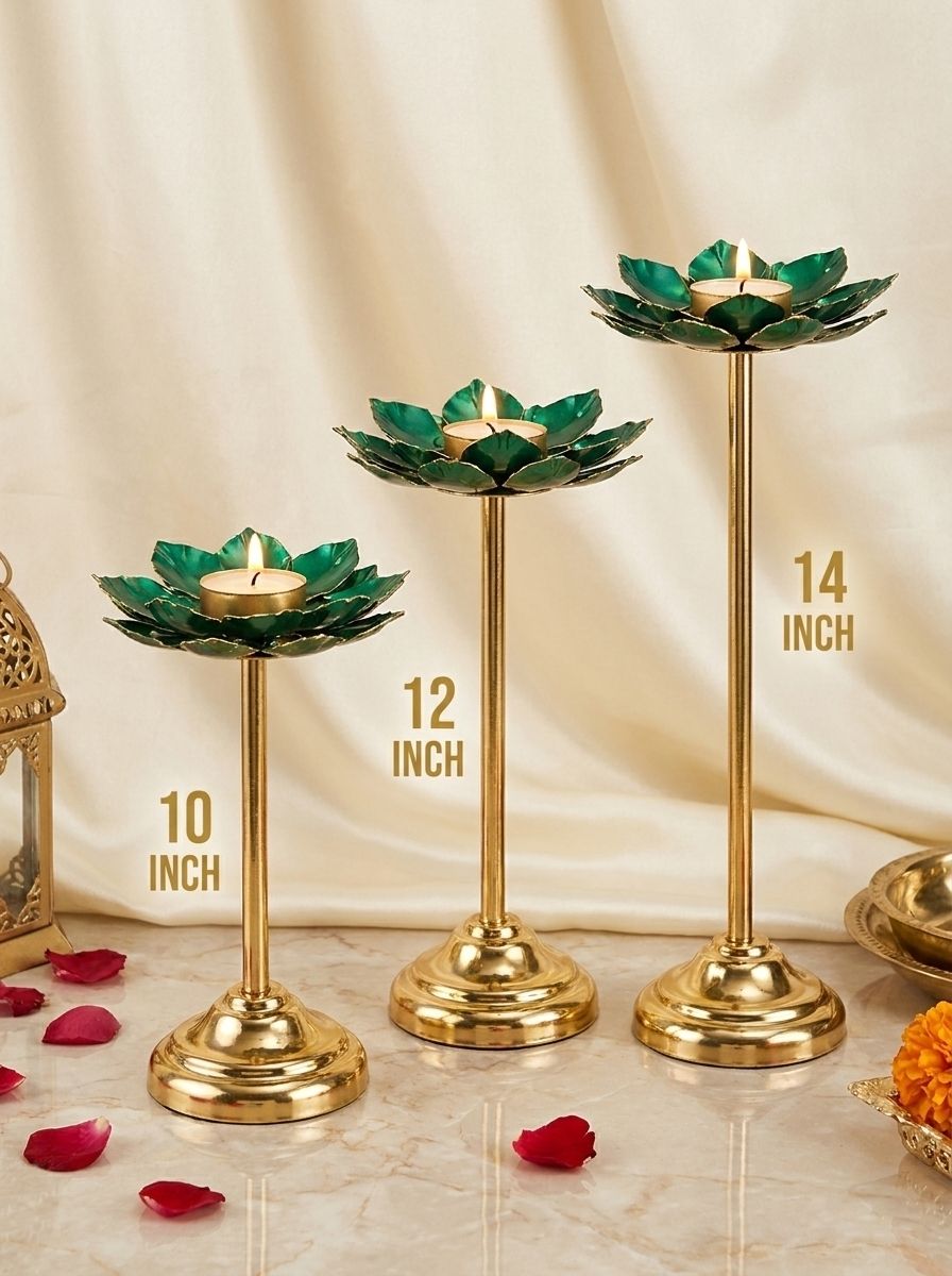 metscape Metal Lotus T-Light Stand Pack of 3 for Home Decor Modern Green Iron Candle Holder-picture-43
