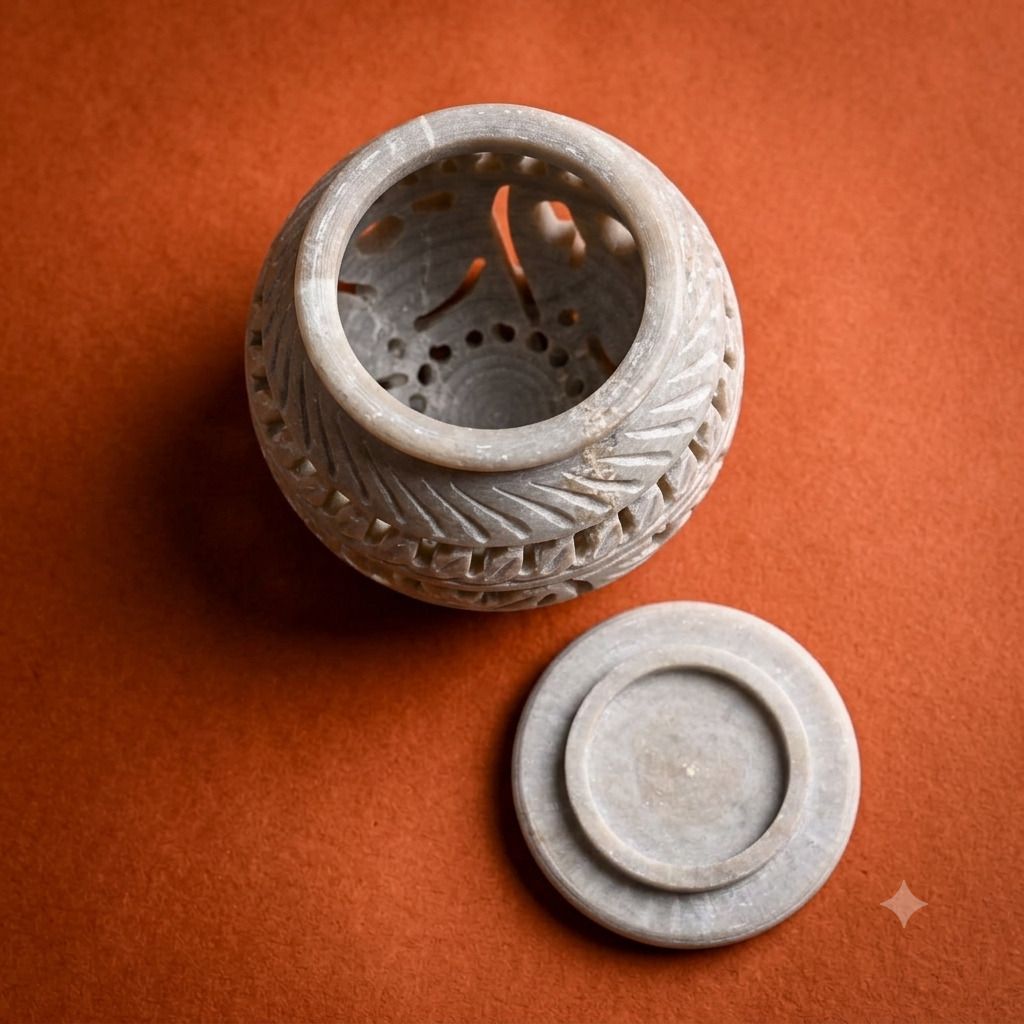 RG Enterprises Handcrafted Soapstone Round Tea Light Candle Holder with Lid Marble 1 - Cup Candle Holder-image-15