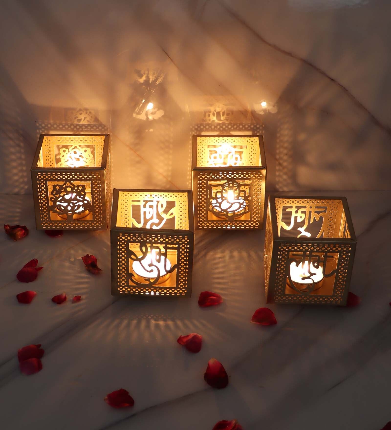 Laxmi Ganesh Etching Votive Gold Iron Table Lantern-image-44