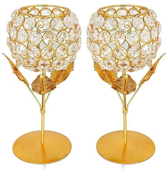 Gold Plated Crystal Candle Holder Tea Light Stand Votive- Decorative Tealight Iron, Glass Candle Holder Set-image-15