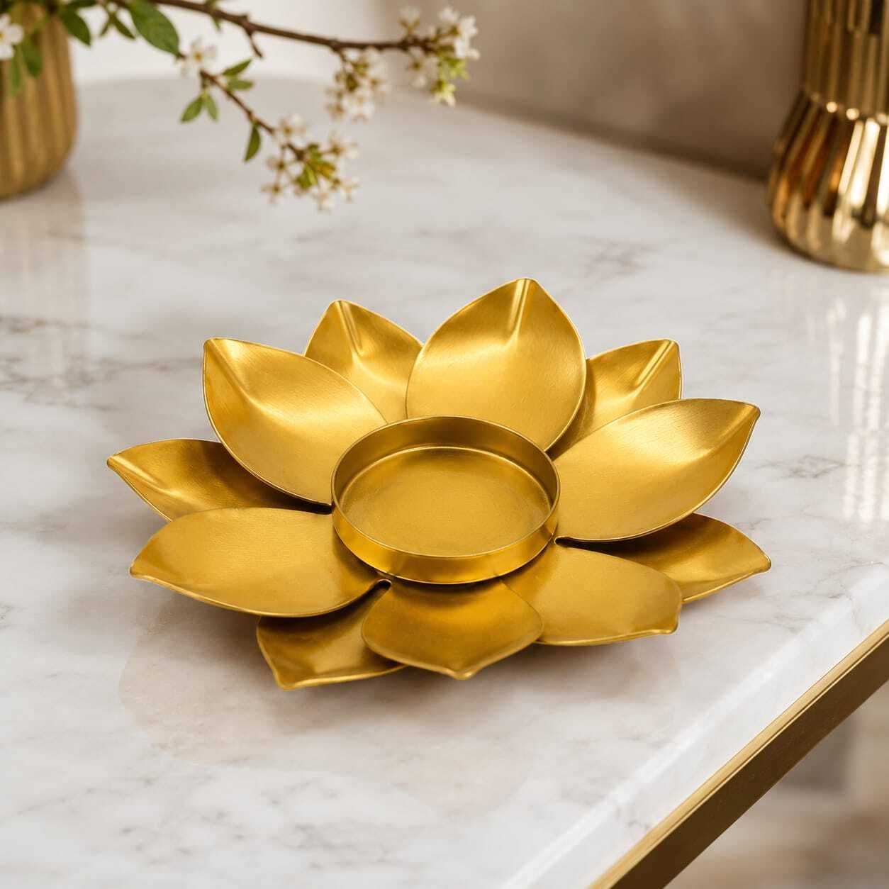 Golden Lotus Metal Tealight Candle Holder | Decorative Iron Diya Iron Tealight Holder-image-49