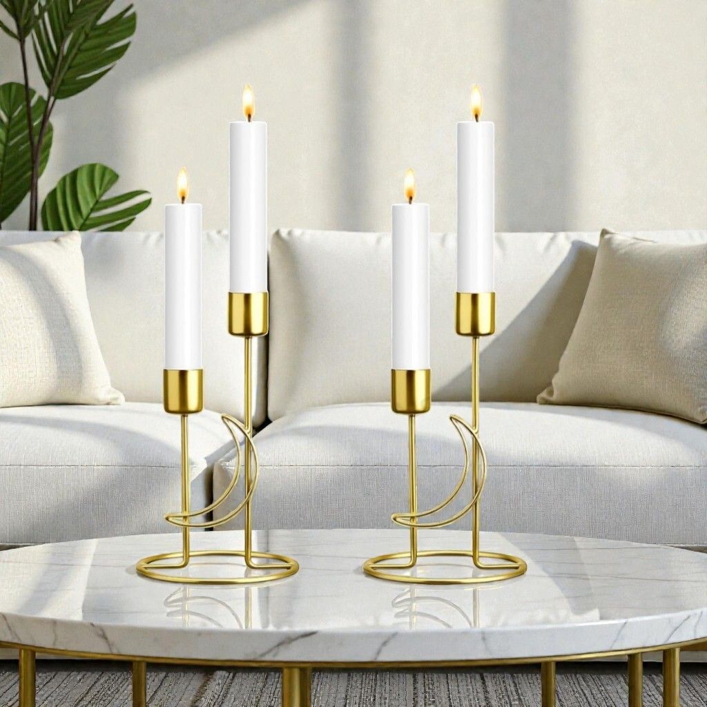 Candle Stand Set of 2 | Modern Crescent Design Gold Plated Candle Holder Set-image-18