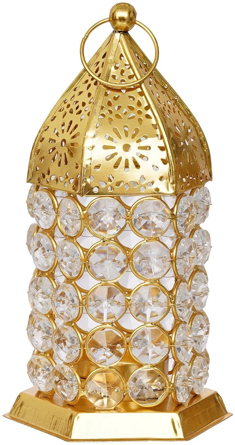 decorcave Decorative Metal Crystal Lantern | Gold Hanging Tealight Holder | Gold Iron Hanging Lantern-picture-14