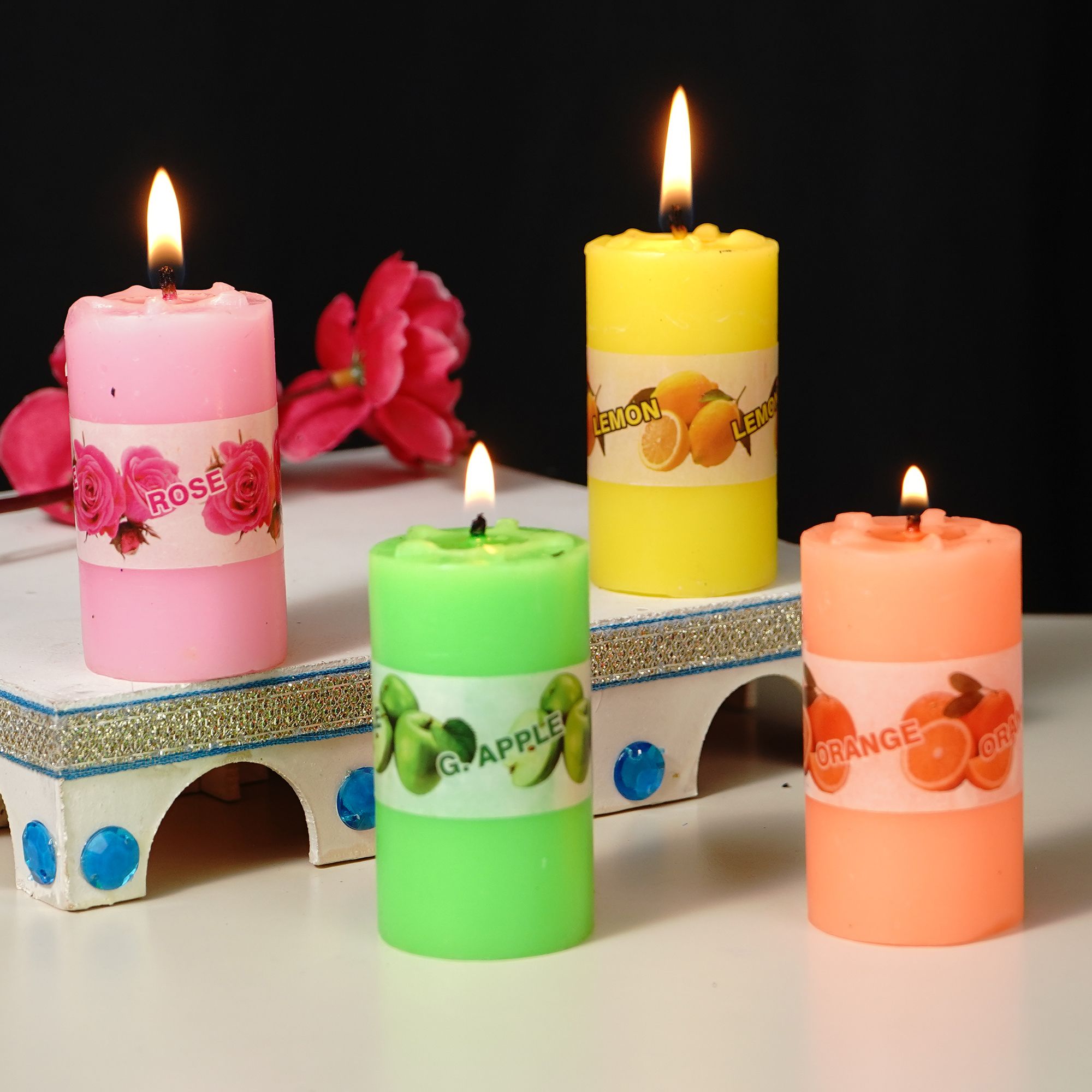 manogyam Scented Lemon,Rose,Green-Apple & Orange Pillar Candle-picture-19