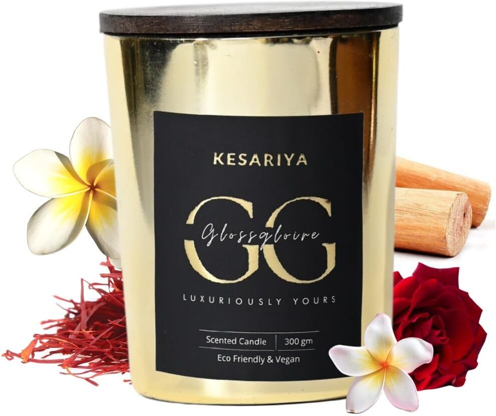 glossgloire Kesariya Luxury Soy Wax Scented Candle |Golden Glass Jar Candles with Wooden lid Candle-picture-33