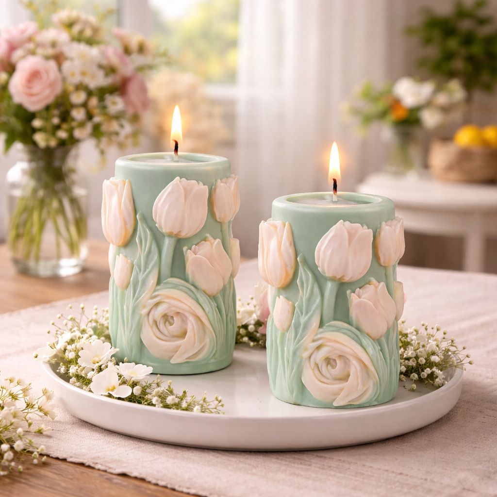 Tulip Floral Pillar Candle Set – Mint Green & Ivory Candle-image-0