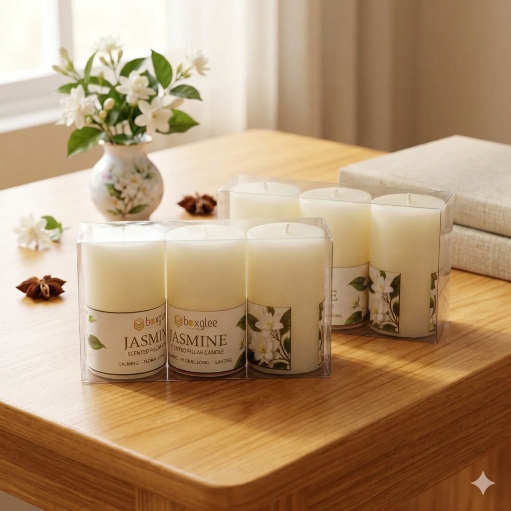 boxglee Jasmine Scented Mini Pillar Candles Set of 6 | Long Burn Home Decor Candle-picture-30