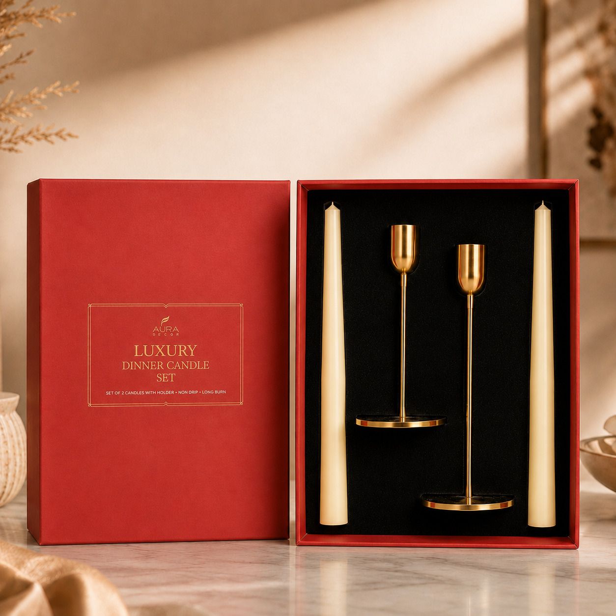 auradecor Luxury Dinner Candle Set 2 Taper Candle with 2 Candle Holder Premium Gift Box Candle-picture-3