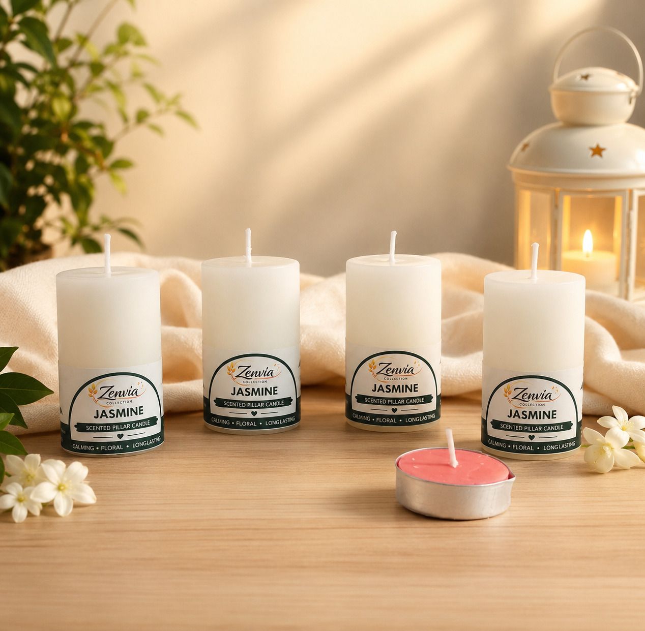 Jasmine Scented Pillar Candle with 1 Pink T-Light | Home Decor Candle A27 Candle-image-42