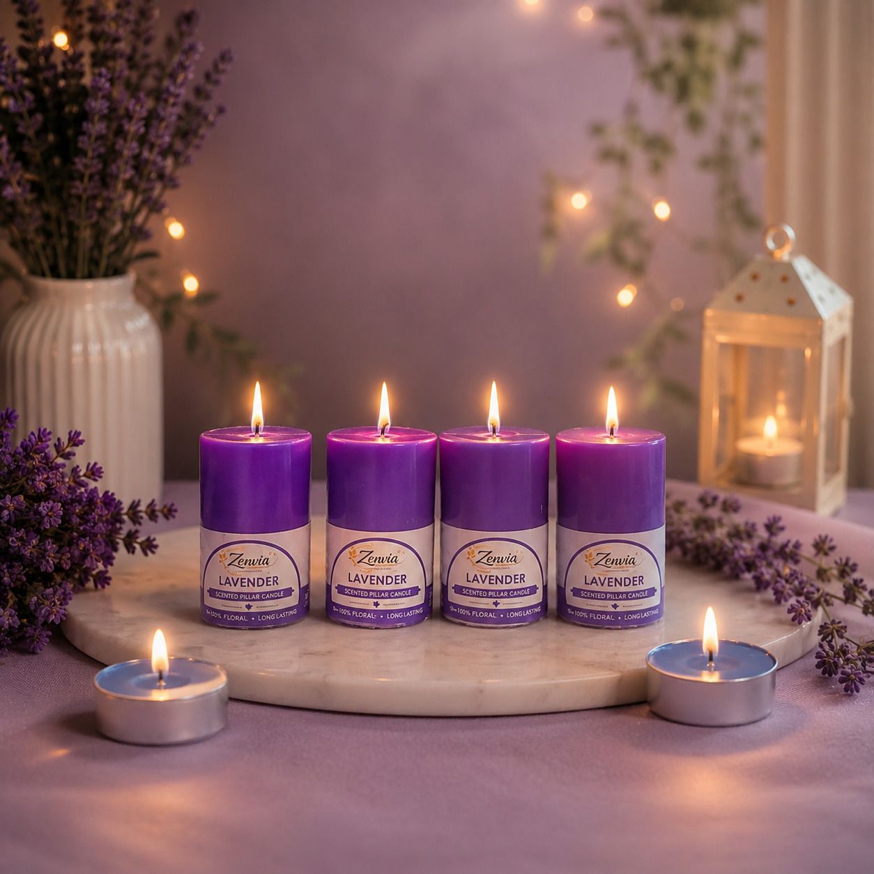 Lavender Scented Pillar Candle with 2 Blue T-Lights | Home Decor Candle A14 Candle-image-29