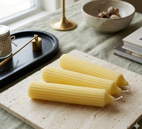 Lemon Scented Ribbed Candle Set of 3 | Decorative Wax Pillar Candles A14 Candle-image-34