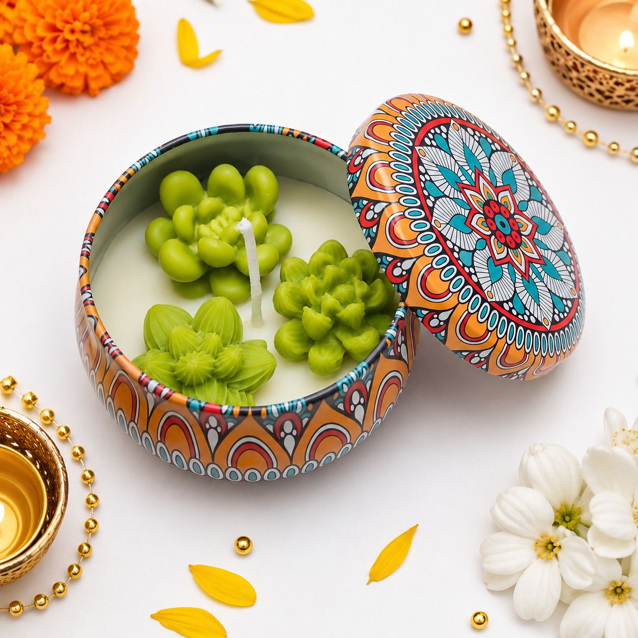 Mandala Tin Candle | Soy Wax, Succulent Decor & Gift cactus Candle-image-3
