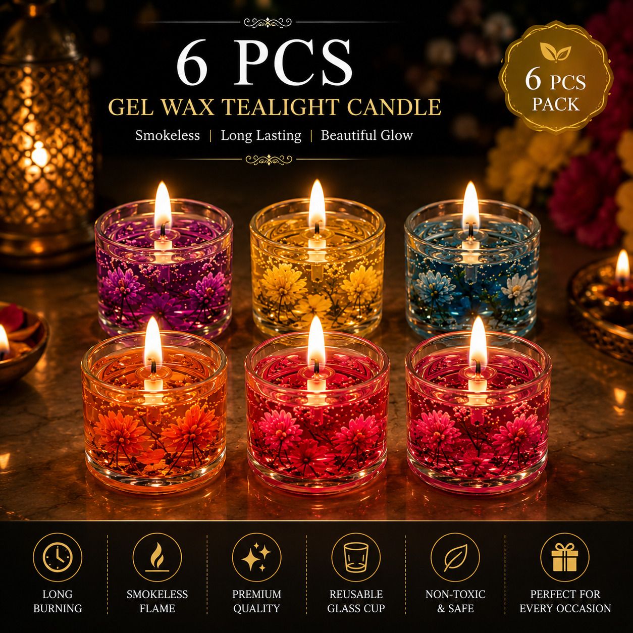 bb backbenchers Decorative Floral Gel Wax Tealight Candles Pack of 6 Candle-picture-12