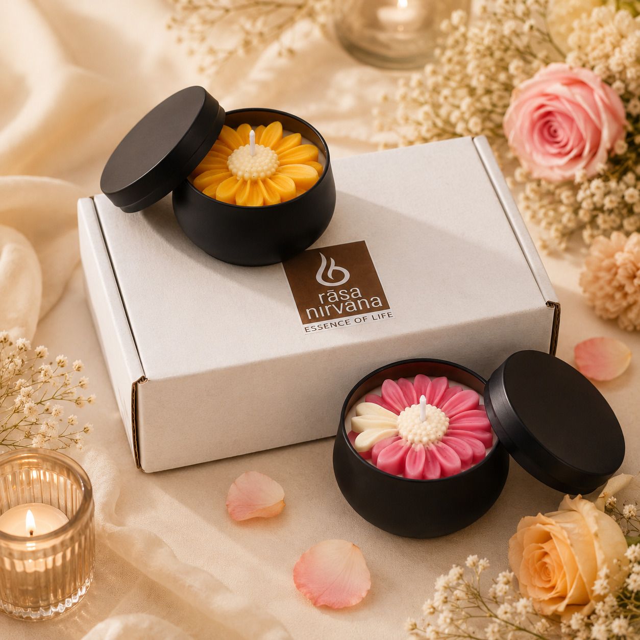 rasa nirvana Artistic Black Floral Tin Jar Scented Candle Pack of 2 Candle-picture-17
