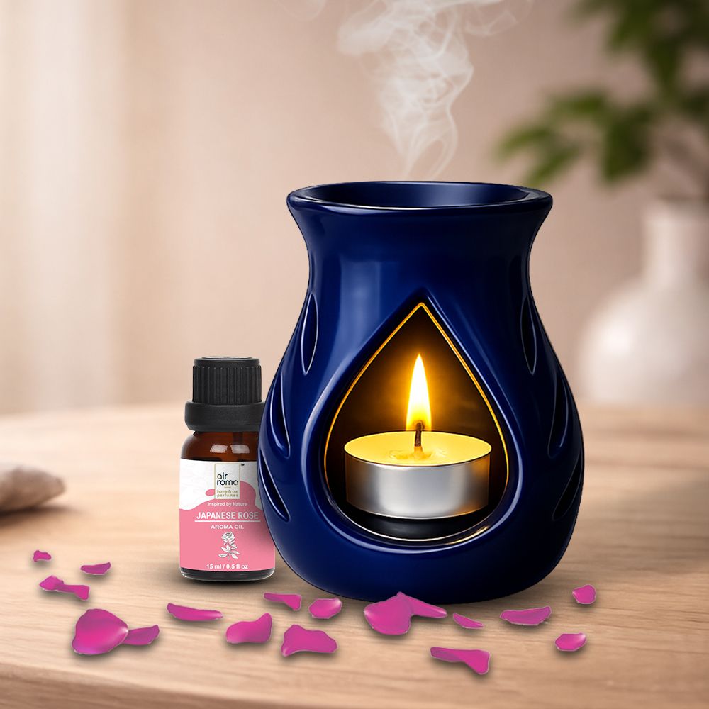 Ceramic Blue Aroma Burner/Diffuser with 10ml Rose oil & 2 Pcs Candles Candle-image-31