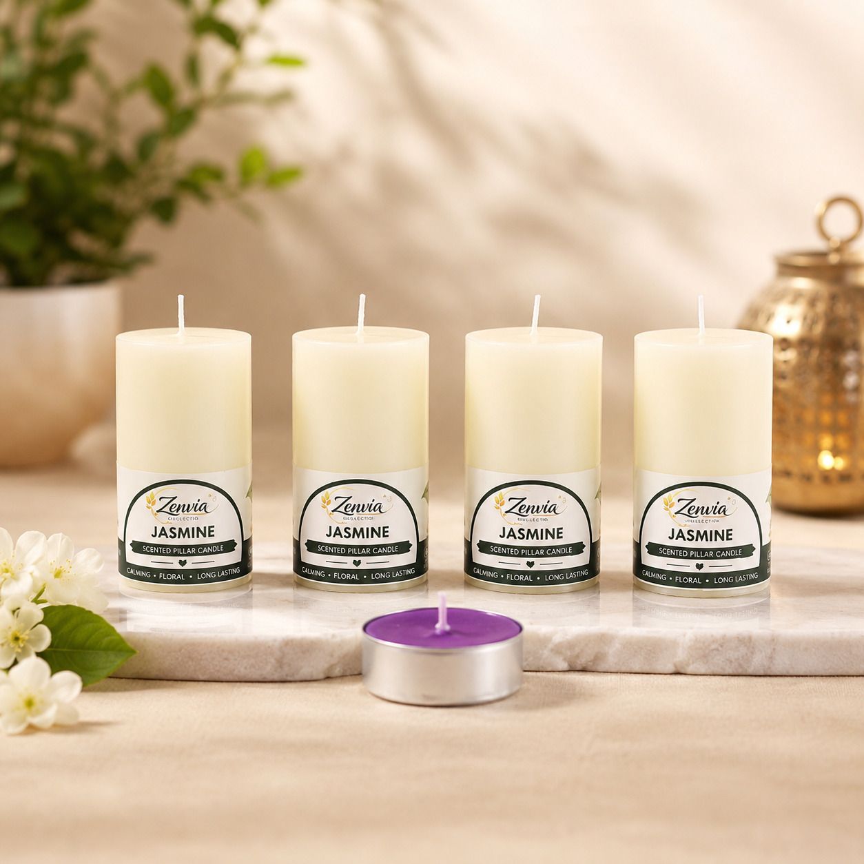 Jasmine Scented Pillar Candle with 1 Purple T-Light | Home Decor Candle A23 Candle-image-36