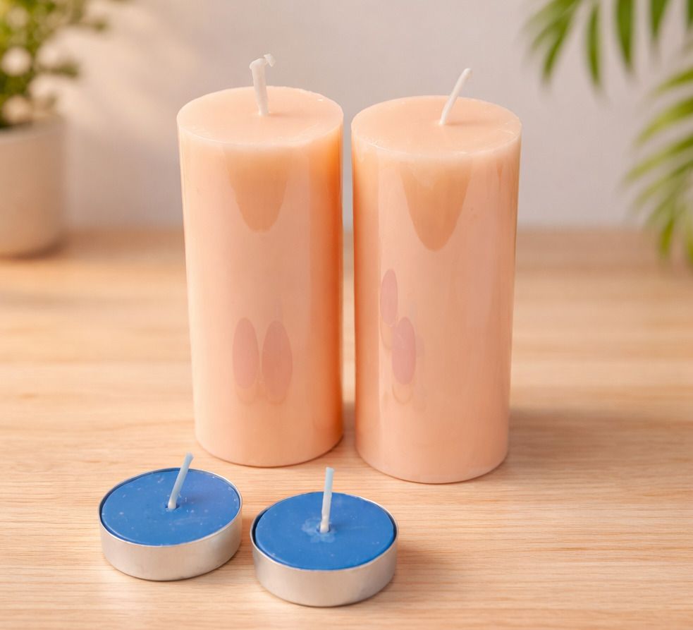 Vanilla Pillar Candle Set of 2 with 2 Blue Tealights | Home Décor, Diwali Gift Candle-image-45