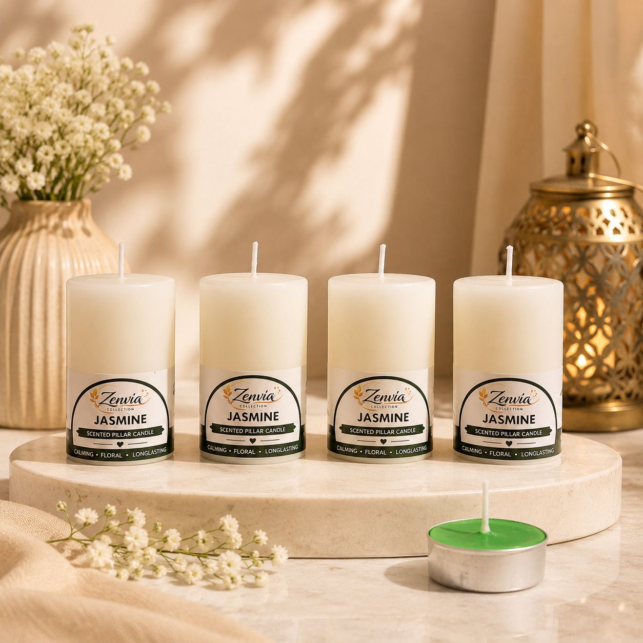 Jasmine Scented Pillar Candle with 1 Green T-Light | Home Decor Candle A25 Candle-image-33