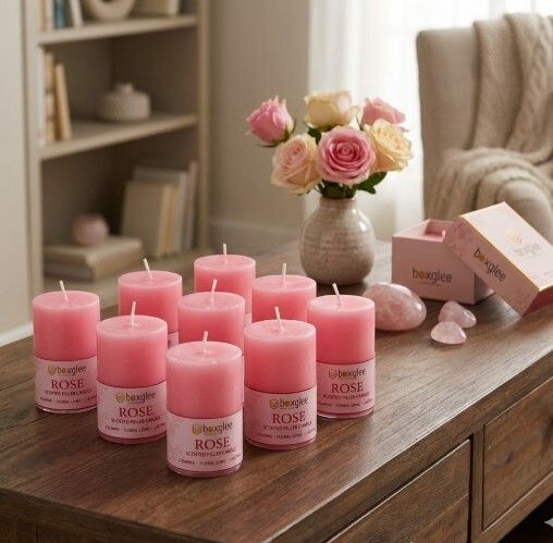 boxglee Rose Scented Mini Pillar Candles Set of 9 | Long Burn Home Decor Candle-picture-35