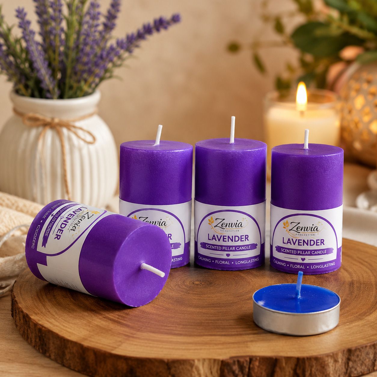 zenvia collection Premium Lavender Scented Pillar Candle with 1 Blue T-Light | Home Decor Candle Candle-picture-27