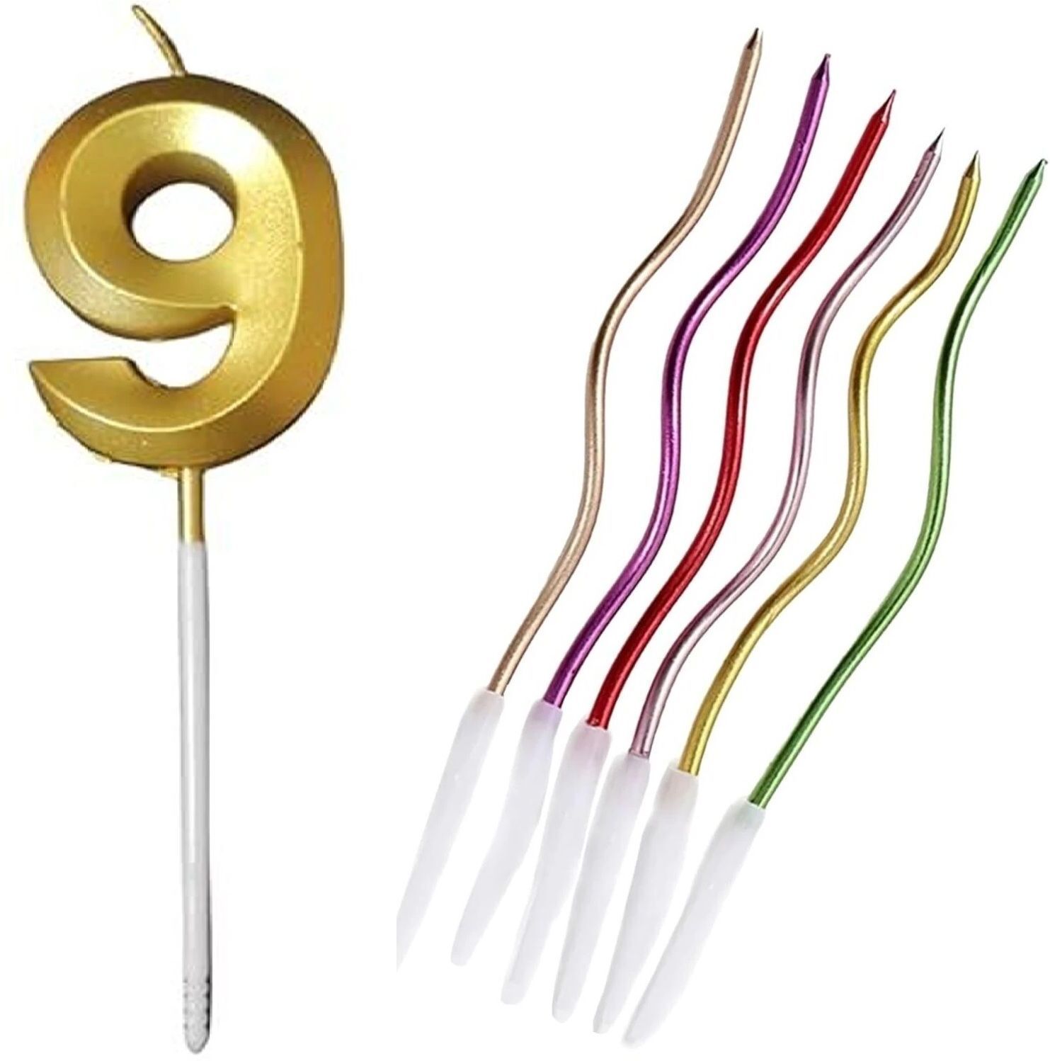 Golden 9 Number Candle for Birthday & Anniversary With 6 Pcs Multicolor Spiral Candle-image-4