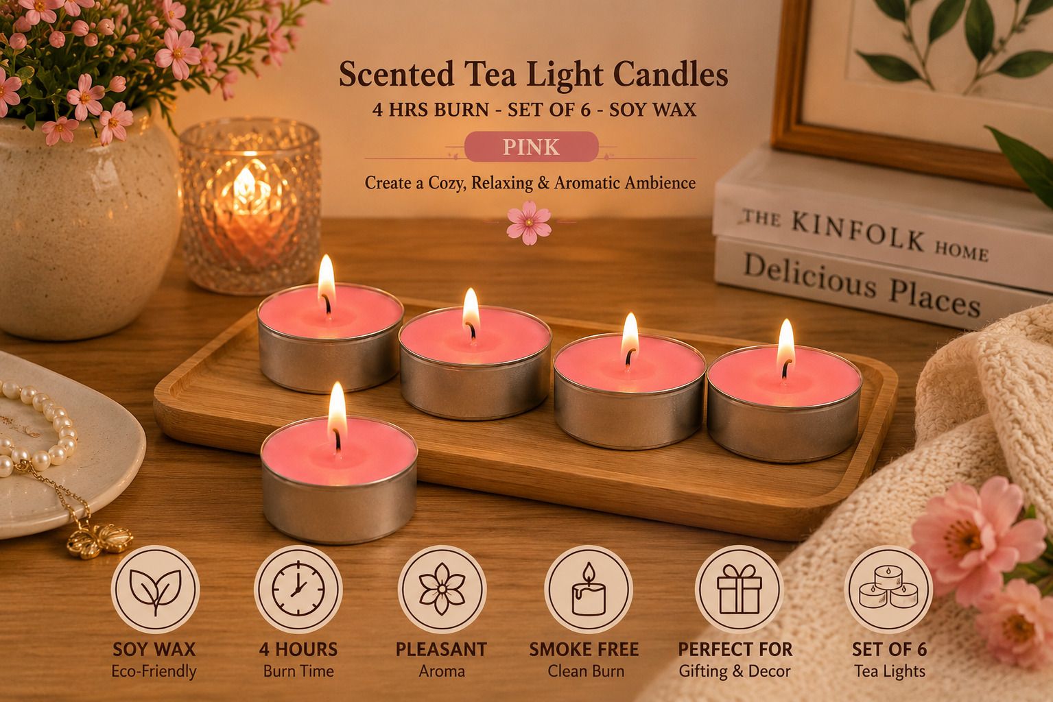 4 hrs Burn Scented Tea Light Candle - Pink - set of 6 - Soy Wax Candle-image-31