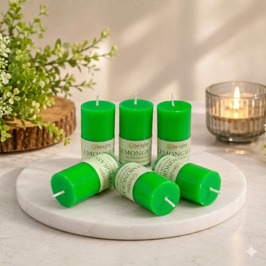 boxglee Lemongrass Scented Mini Pillar Candles Set of 6 | Long Burn Home Decor Candle-picture-21