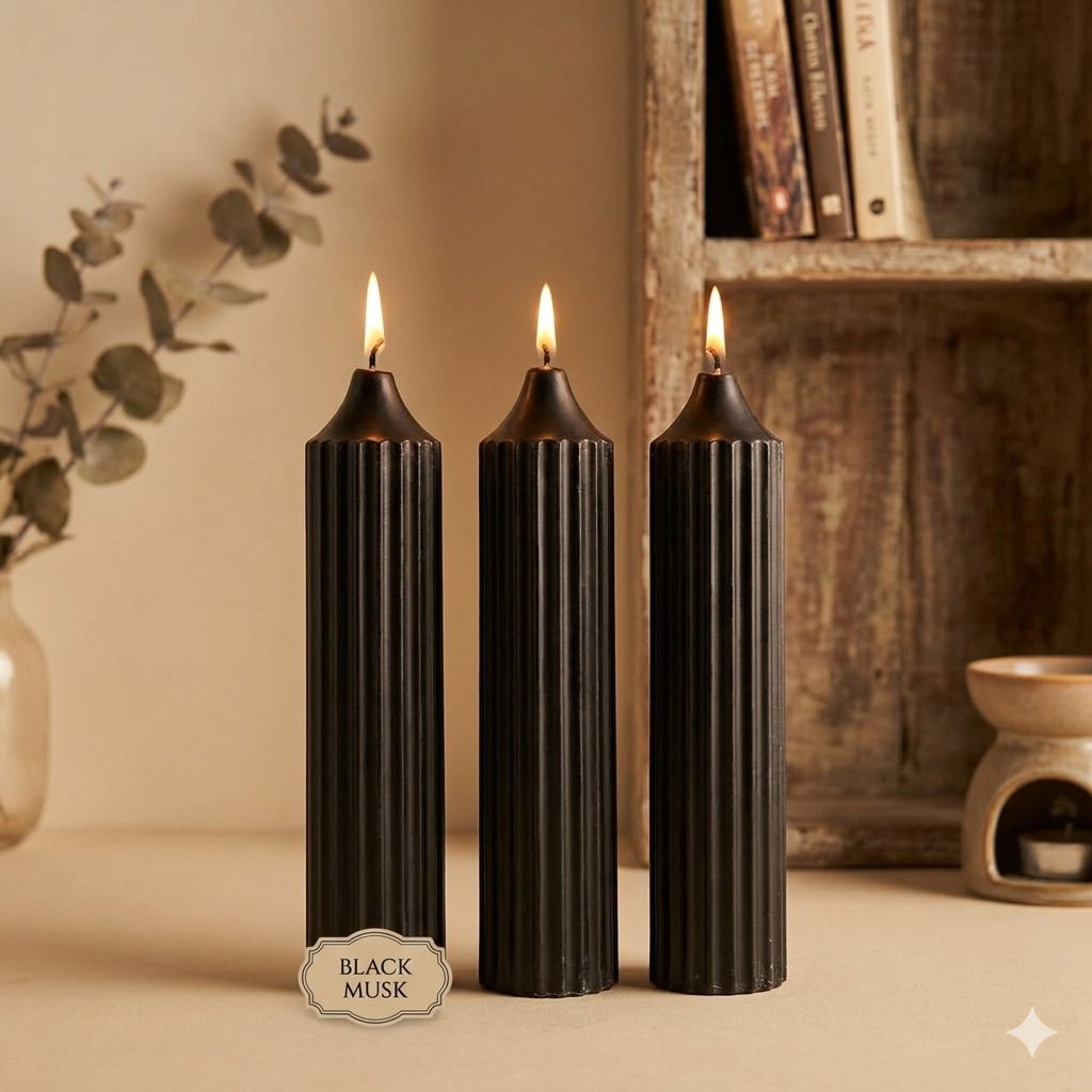 Black Decorative Ribbed Candle Set of 3 | Premium Home Decor Candles A26 Candle-image-10