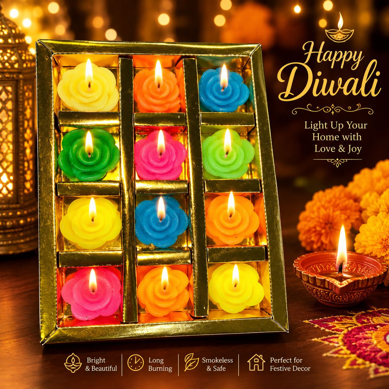Diwali Rose Flower Candles Set of 12 | Decorative Candles for Diwali Pooja Candle-image-34