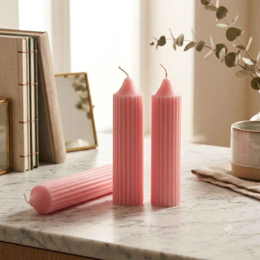 boxglee Rose Decorative Ribbed Candle Set of 3 | Smokeless Long Burning Wax Candles A3 Candle-picture-32