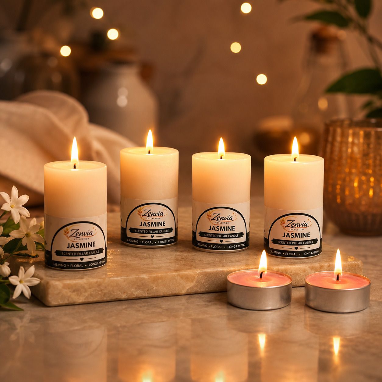 Jasmine Scented Pillar Candle with 2 Pink T-Lights | Home Decor Candle A20 Candle-image-15