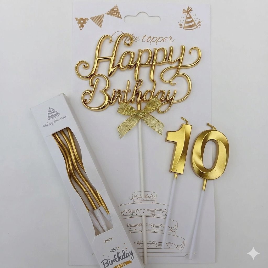 10th Golden Birthday Cake Decoration Combo with Golden Twisted & Number Candle-image-2