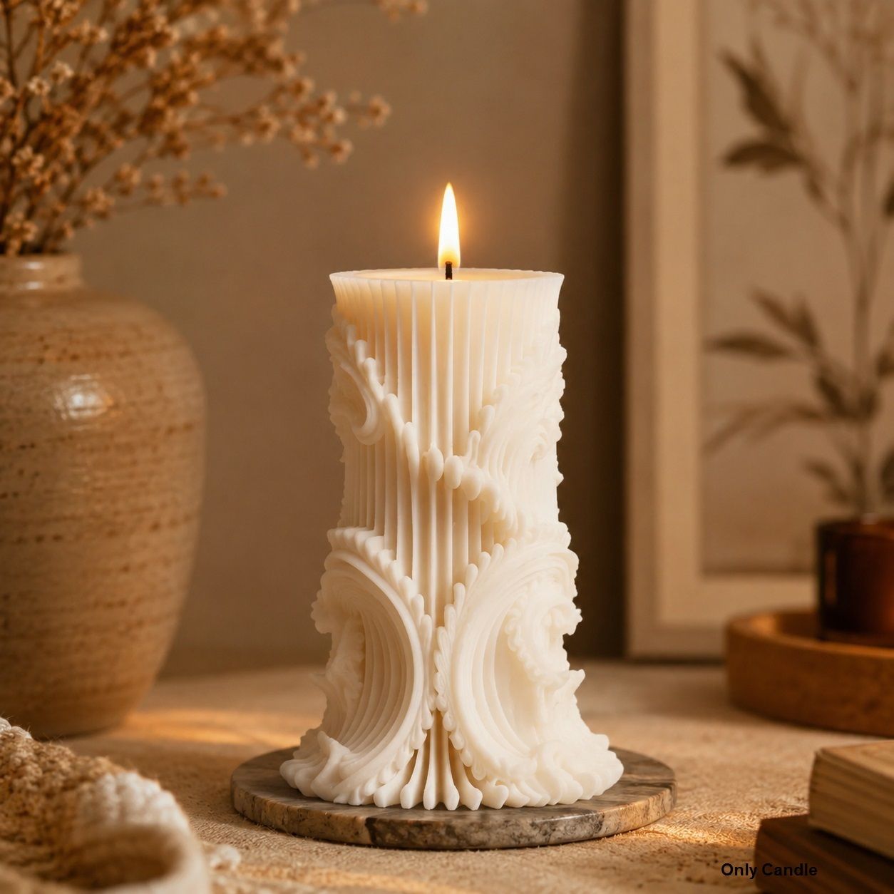 kapiraj shopee Textured Ribbed Geometric Scroll Wave Soy Wax Pillar Candle Candle-picture-4