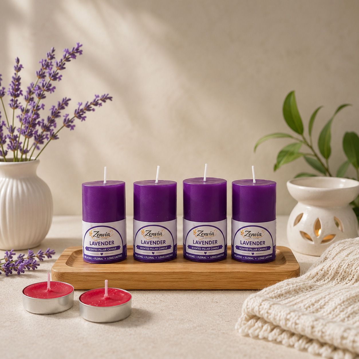Premium Lavender Scented Pillar Candle with 2 Red T-Lights | Home Decor Candle Candle-image-5