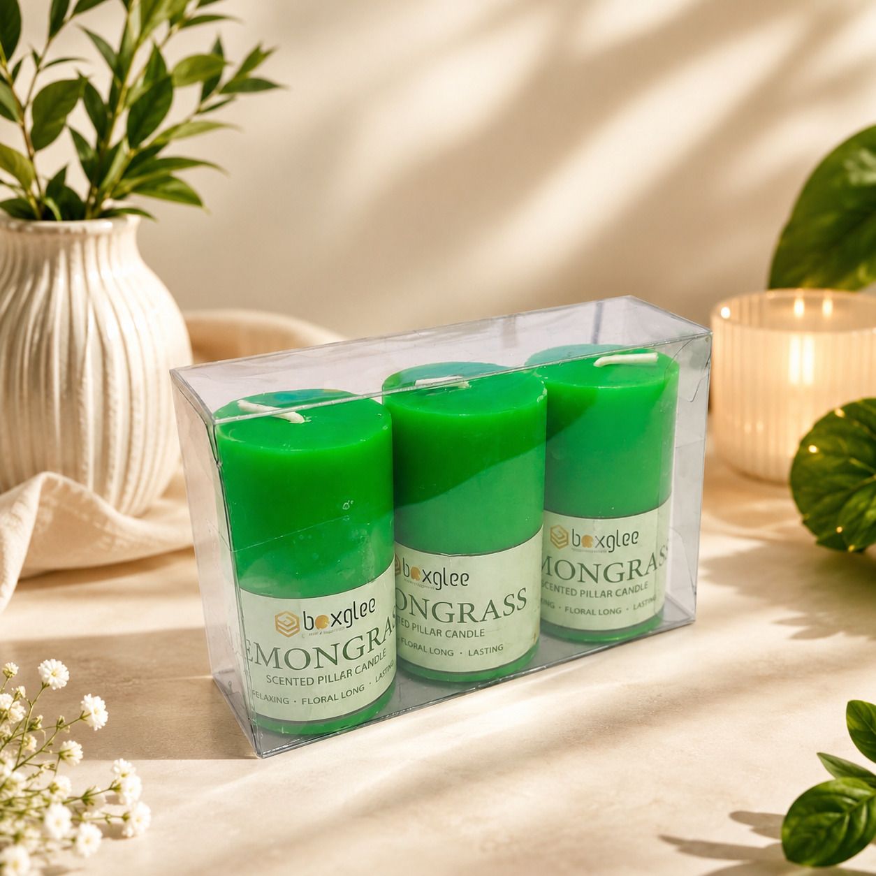 Lemongrass Pillar Candles Set of 3 | Scented Long Burning Home Decor Gift A2 Candle-image-46