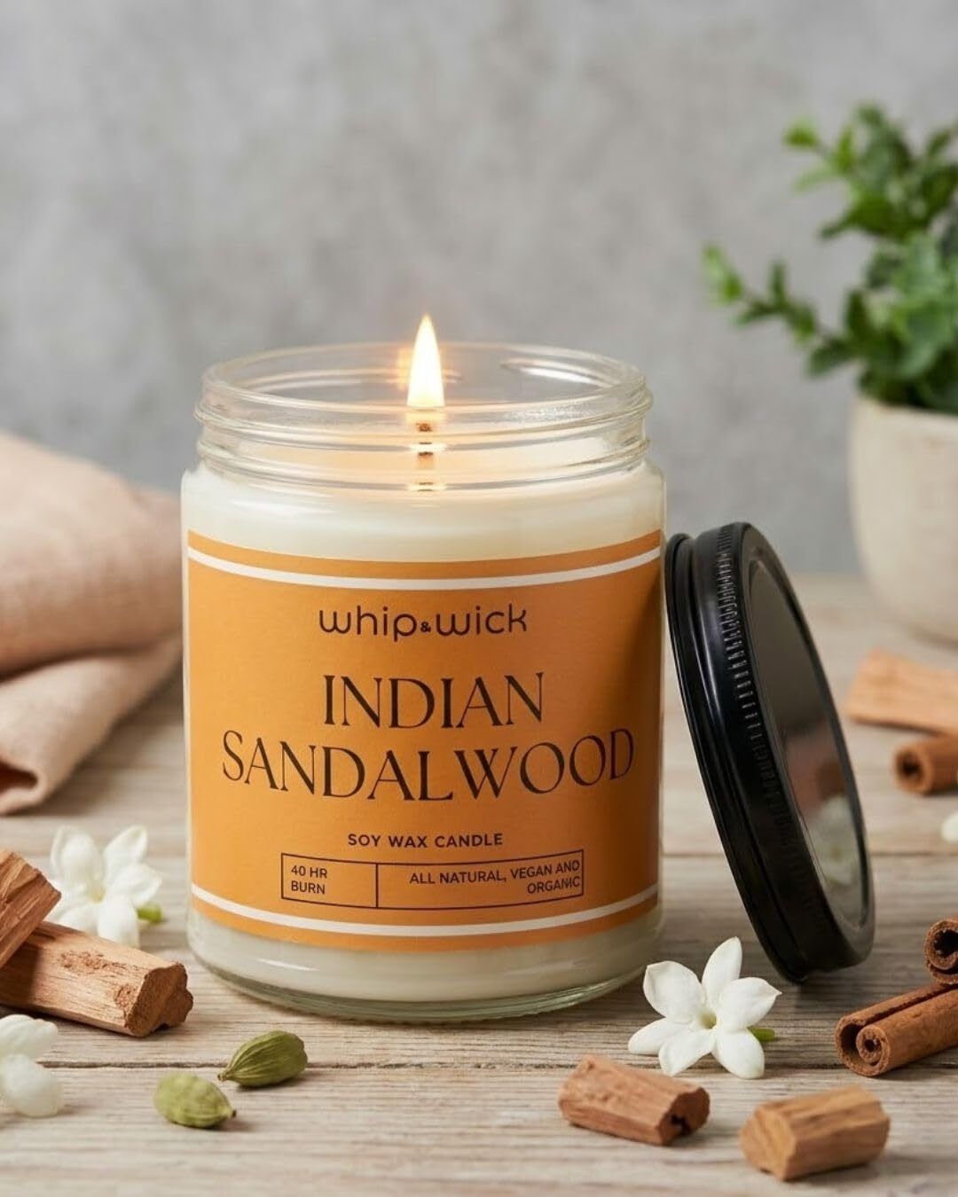whipandwick Indian Sandalwood Scented Jar Candle| Deep Woody Luxury Fragrance for Meditation Candle-picture-10
