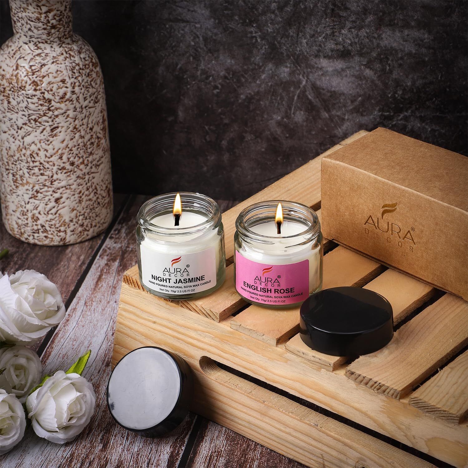 auradecor Scented Soy Wax Jar Candle Long-Lasting Candles (English Rose+Night Jasmine) Candle-picture-28
