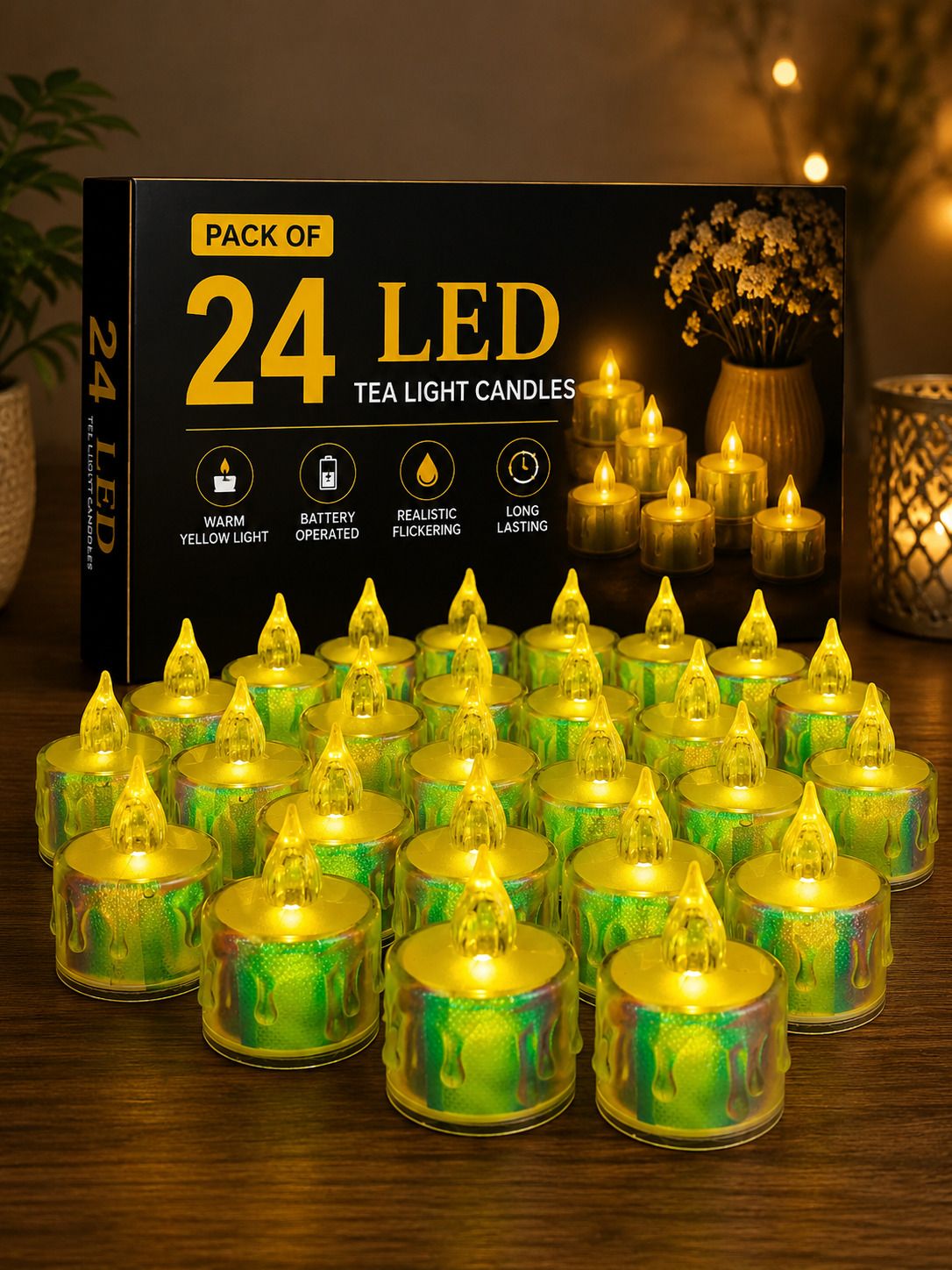 shvayent LED Tea Light Candles Pack of 24 | Battery Operated Warm Yellow Candle-picture-36
