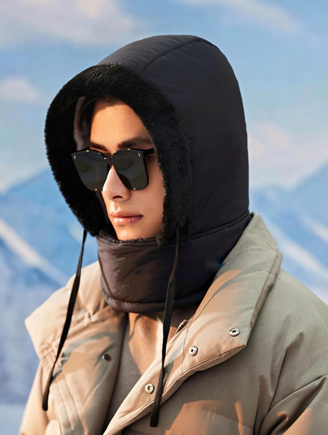 Full face neck warmer windproof ear protection balaclava winter cap for men Solid Beanie-image-9