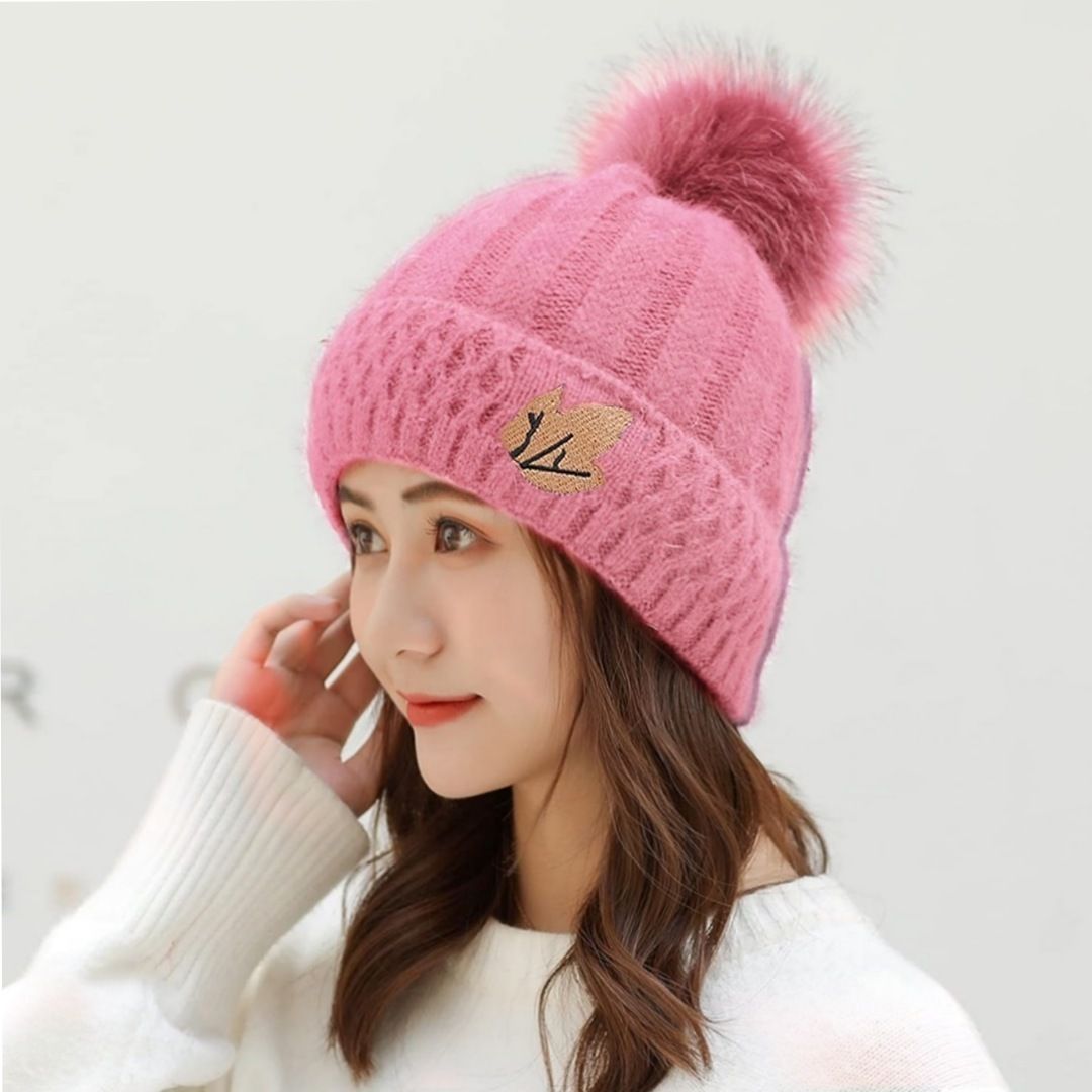 highever Women's stylish winter woolen cap soft warm fur inside pom-pom on top for girls Woven Beanie-picture-11
