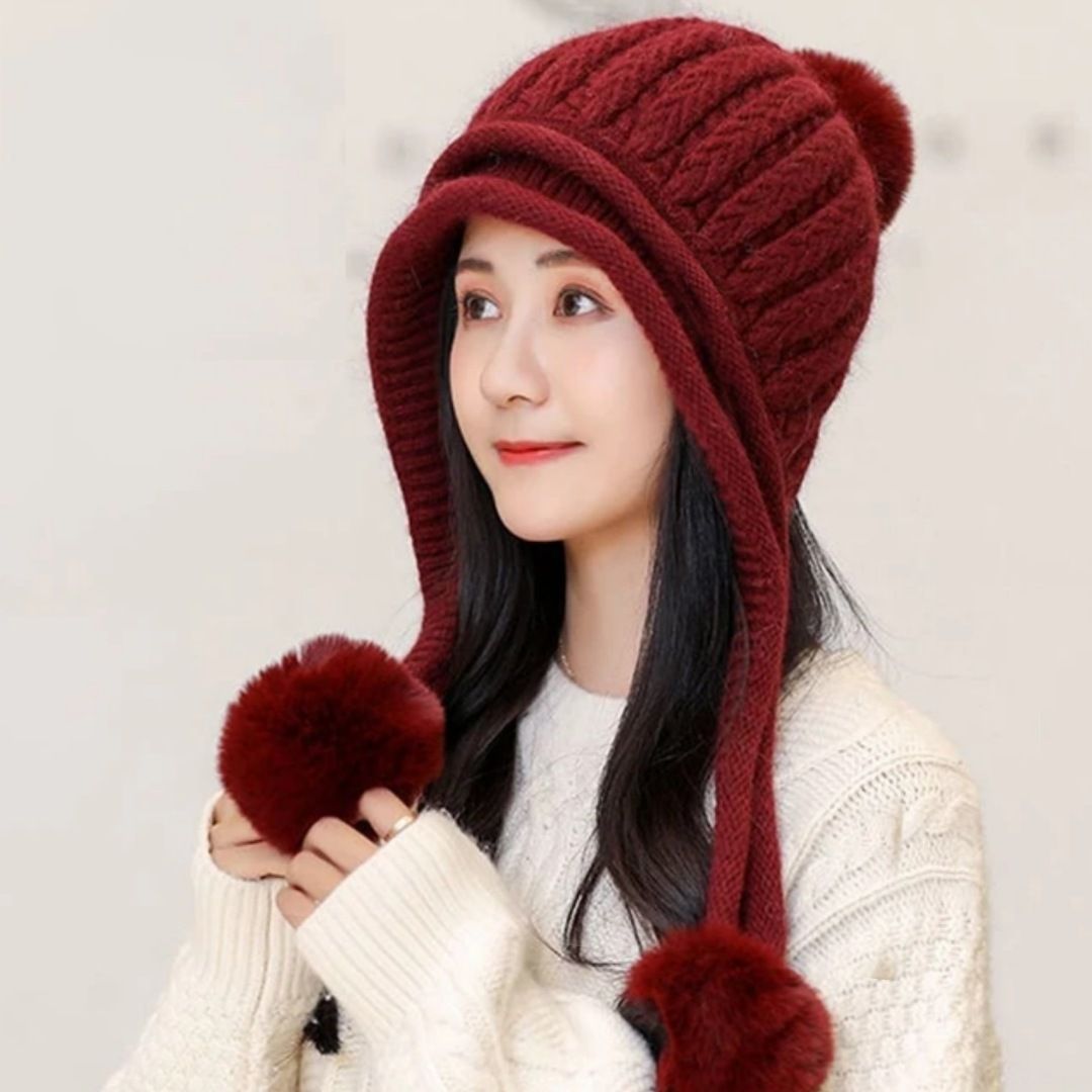 Cute warm soft fur inside with earflap three pom-pom knitted women winter cap Woven Beanie-image-36