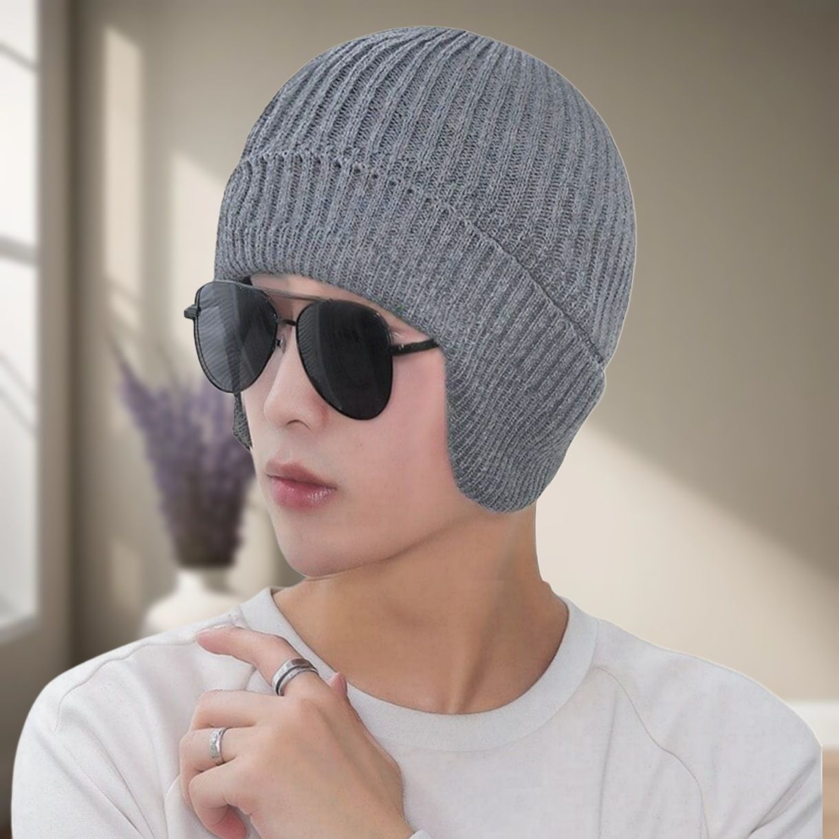 Earflap soft warm Knitted fabric double layers stylish winter cap for men Woven Beanie-image-33