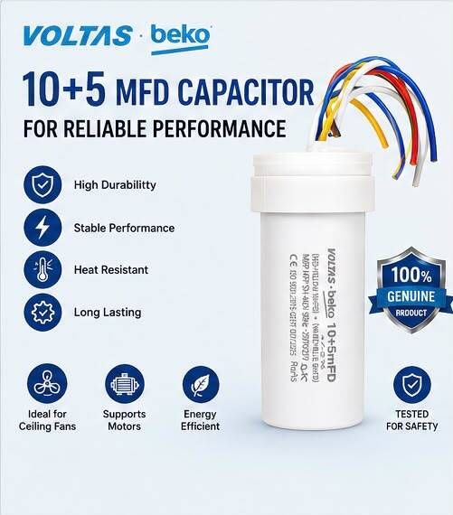 Voltas Beko 10+5 MFD Dual run capacitor Electrolytic Capacitor-image-1