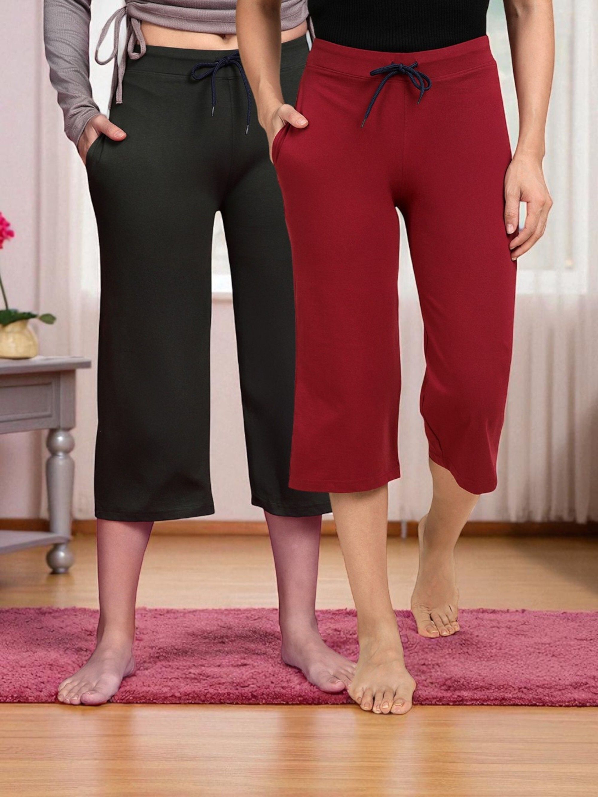 kryptic Women Pack of 2 Capri Pure Cotton Solid Relaxed Fit with Adjustable Waist. Women Green, Maroon Capri-picture-10